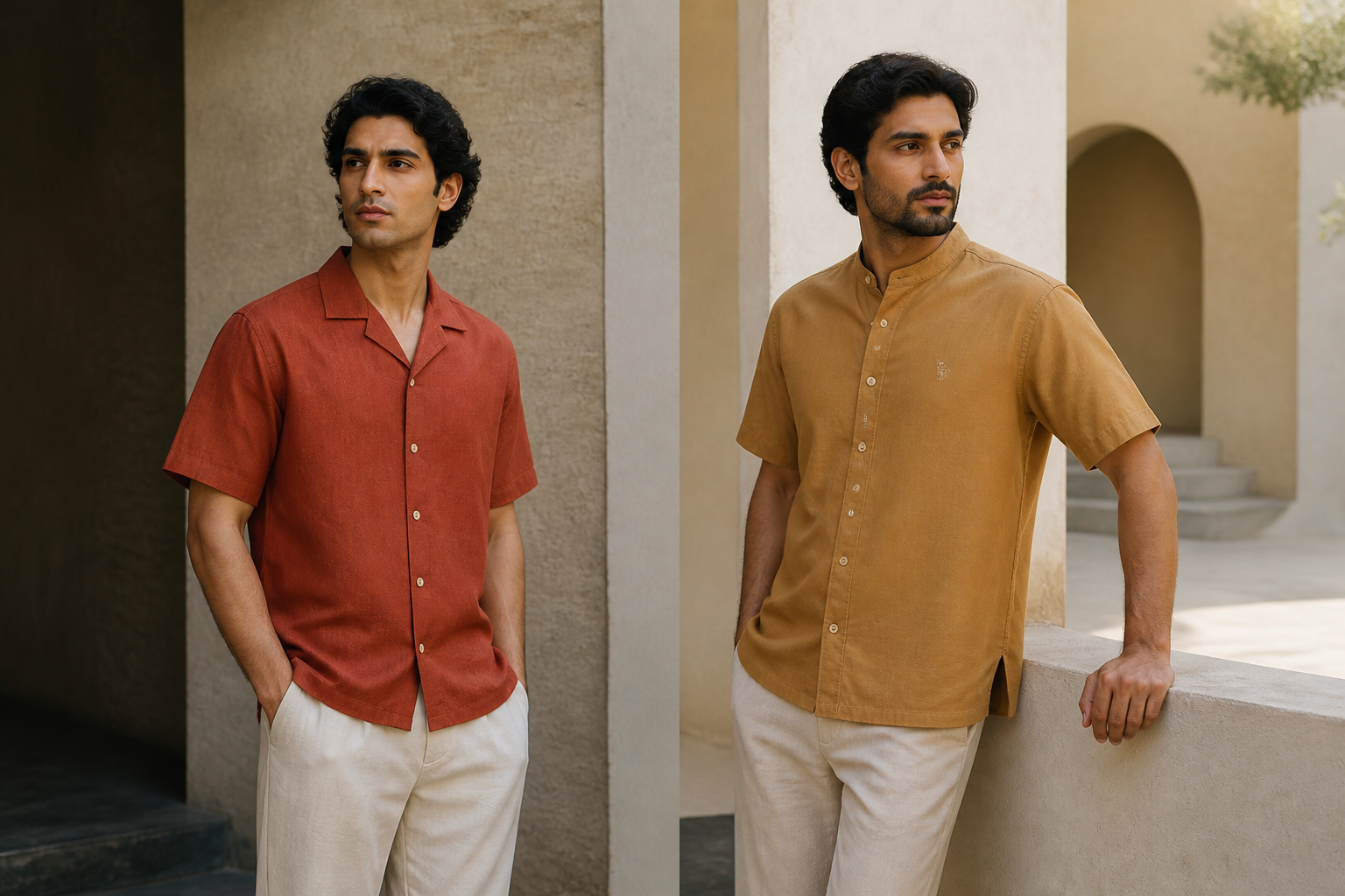 Two men wearing the Valuto Royale Field Shirt and Regent Overshirt in a quiet stone courtyard
