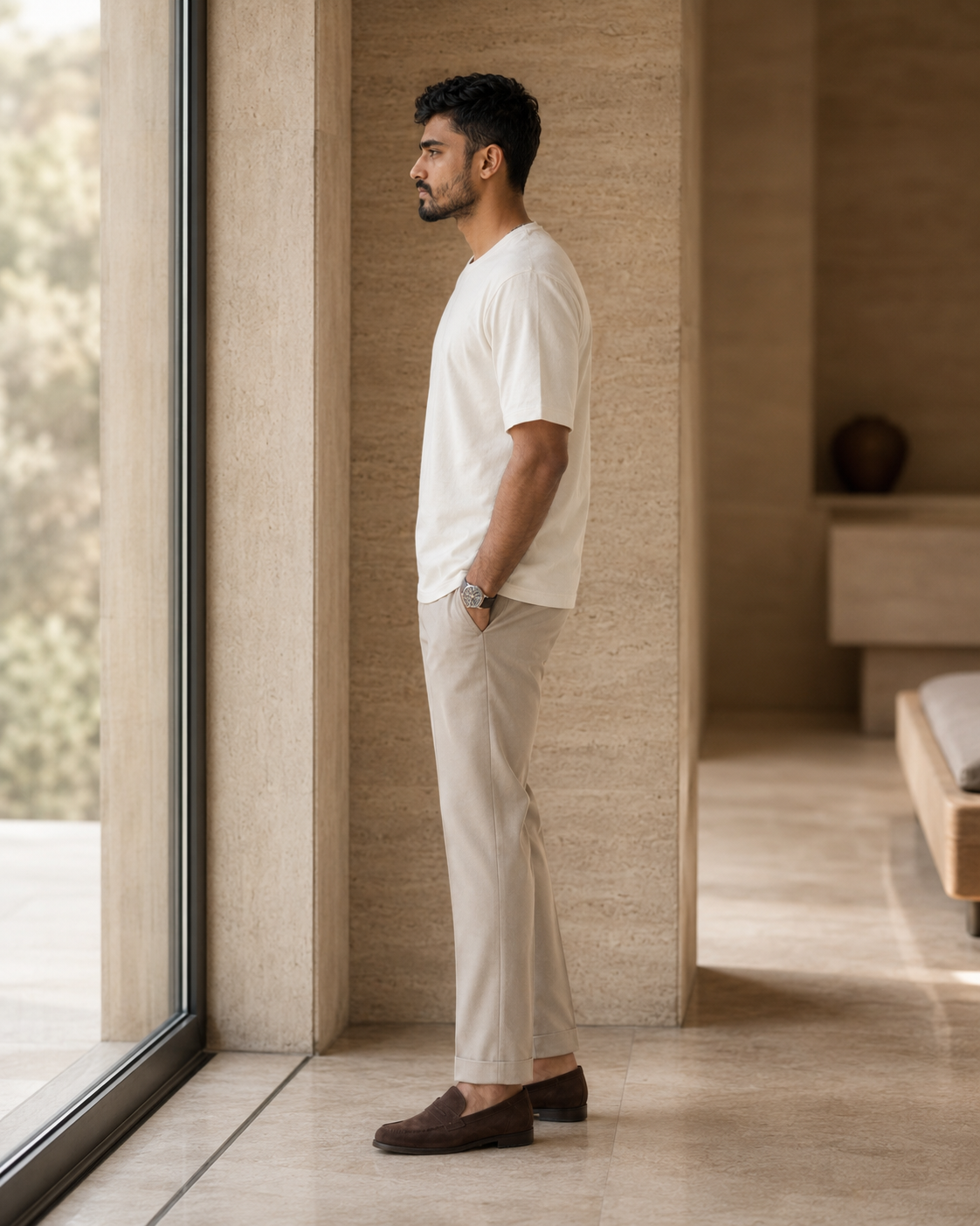 The Warden Tee, bone, worn against a travertine wall