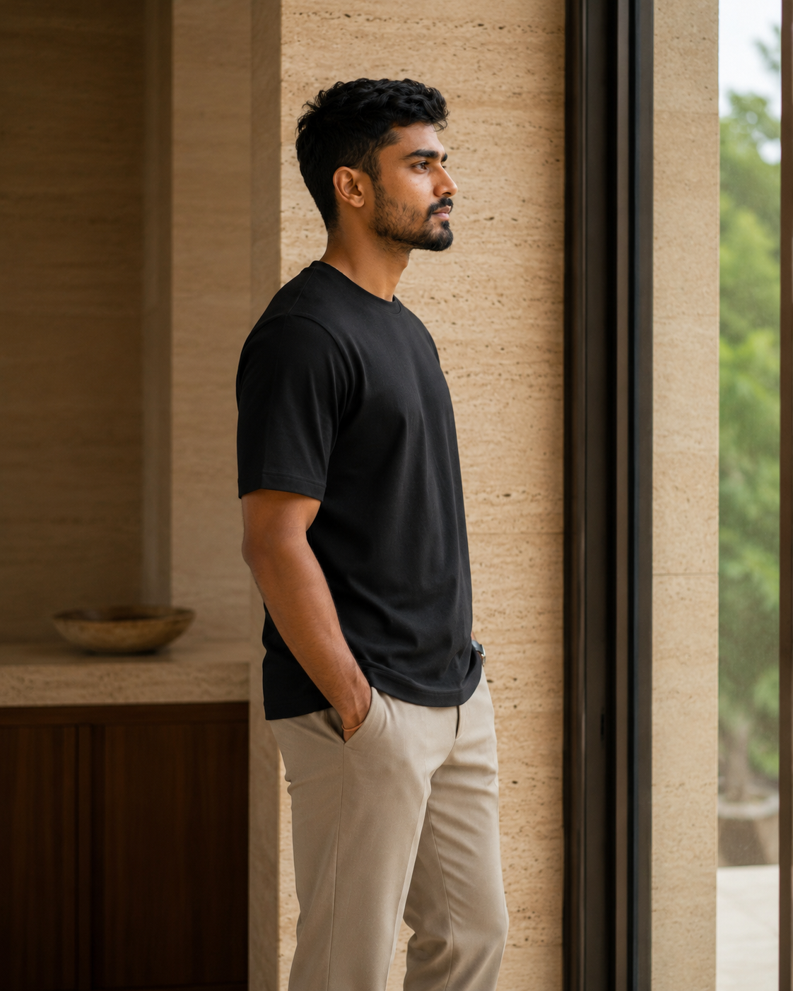 The Regent Tee, black, worn in a travertine hallway