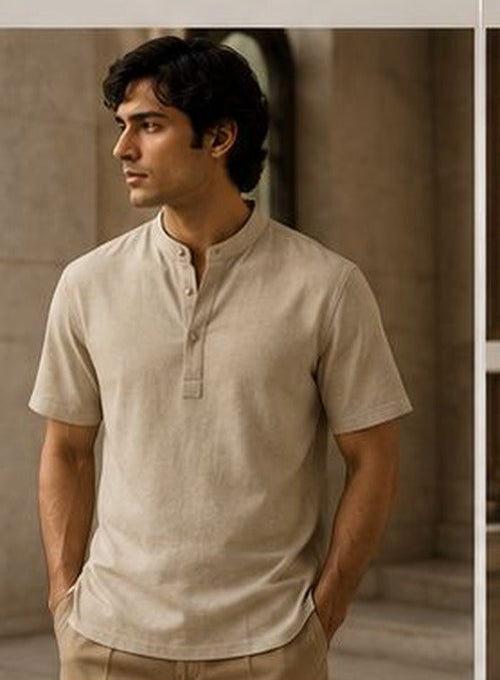 The Keeper Henley in bone, collarless button placket, front view