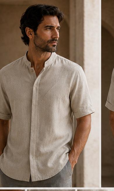 The Steward Set, front view, Nehru-collar top and matching trousers